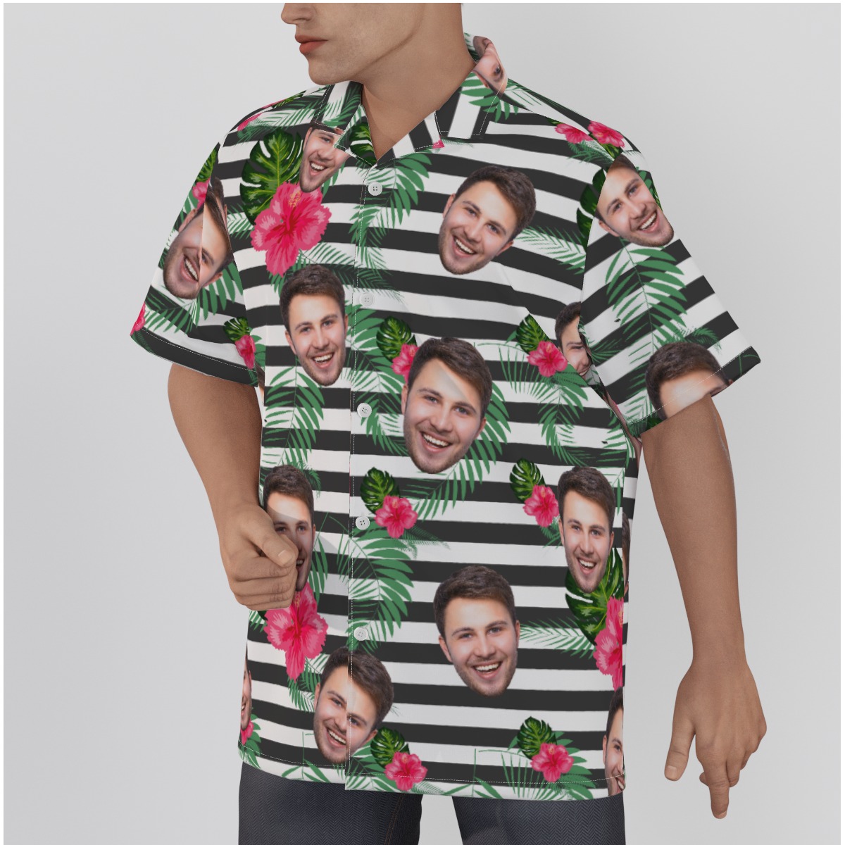 Custom Face Floral Striped Hawaiian Shirt