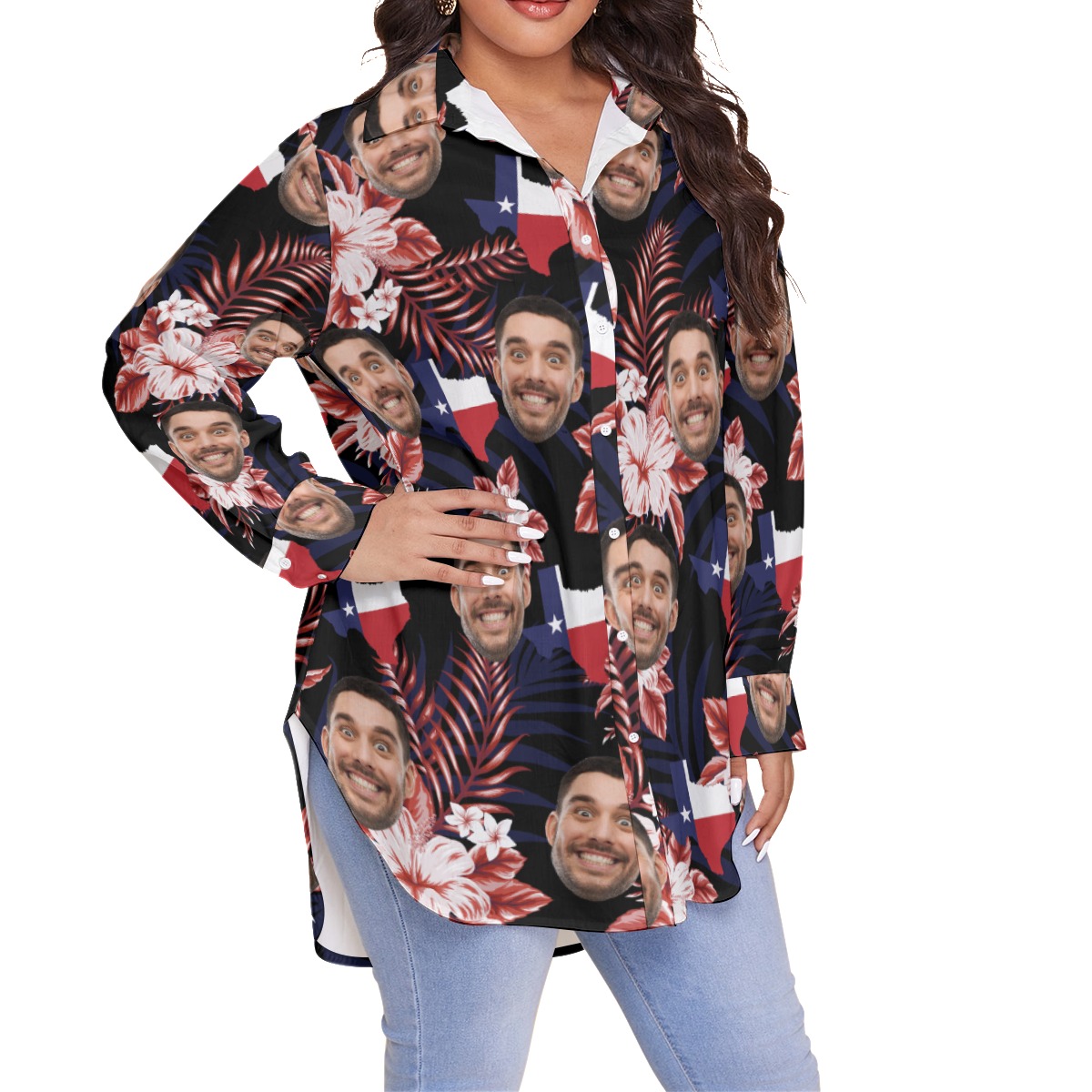Floral Texas Custom Face Hawaiian Plus Size Shirt For Women