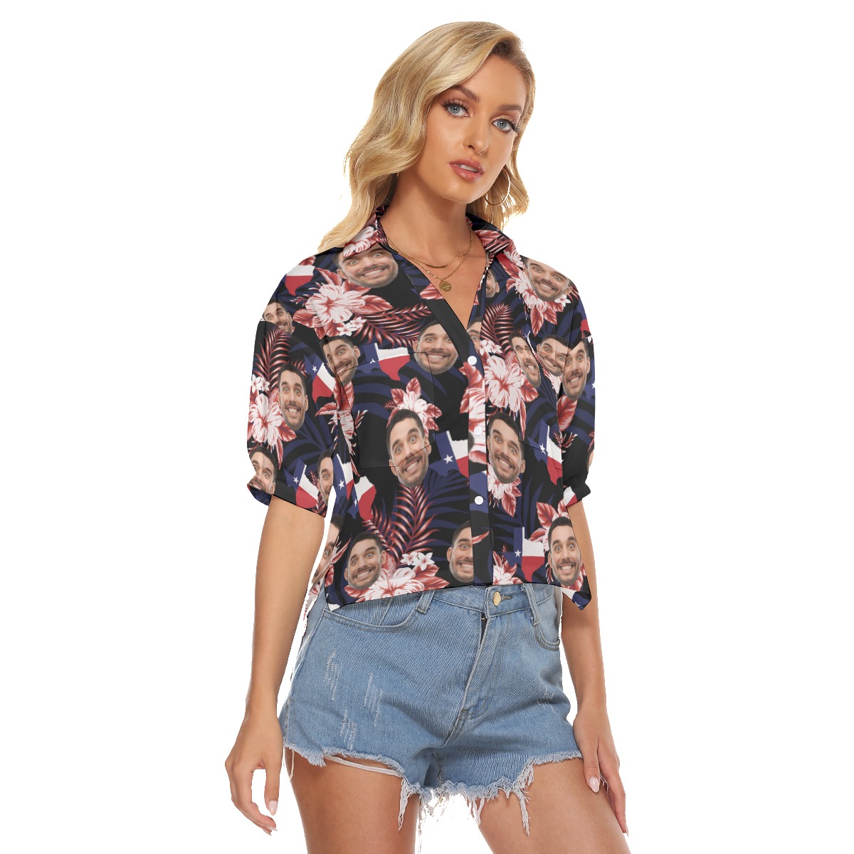 Funny Custom Face Floral Texas Hawaiian Crop Top Shirt For Women