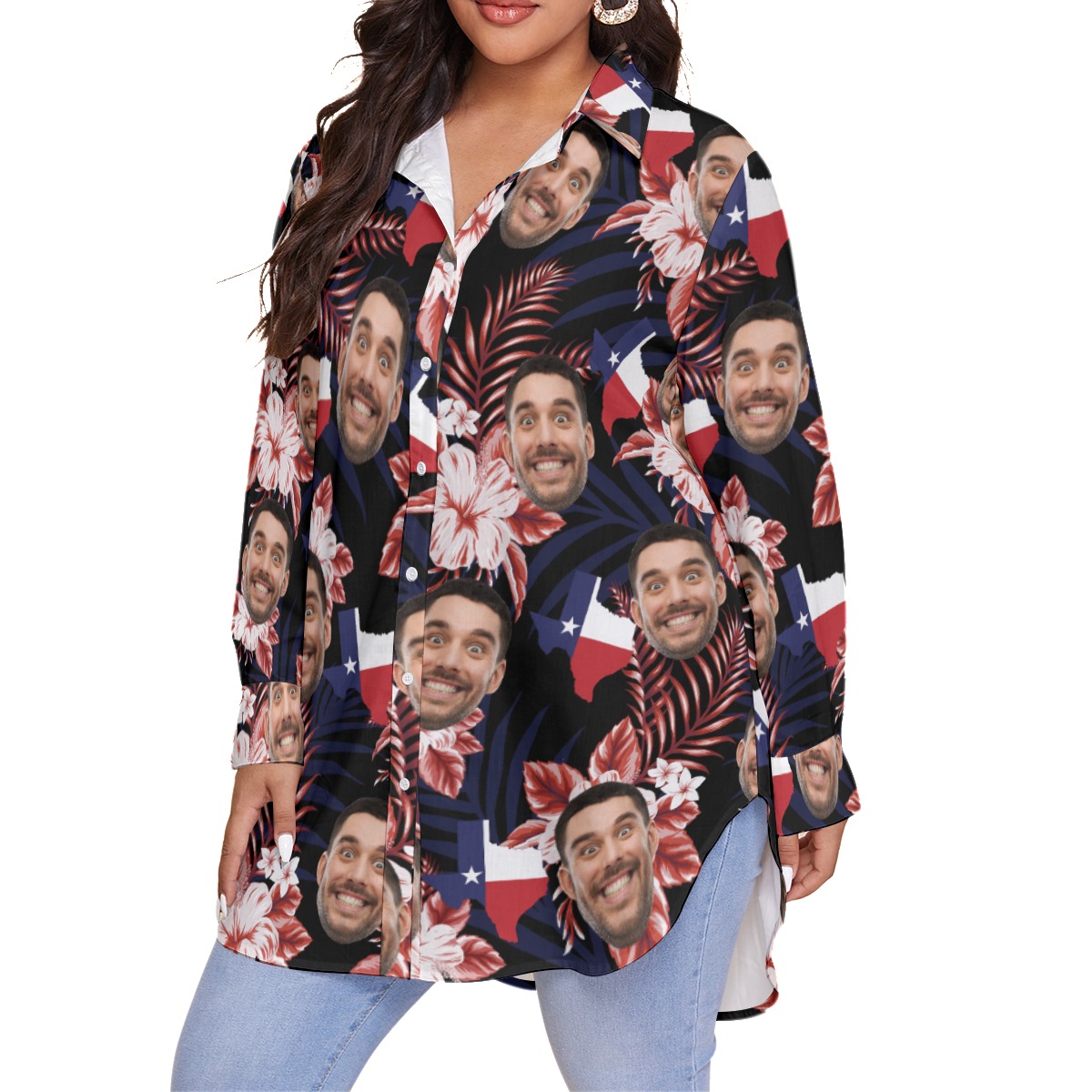 Floral Texas Custom Face Hawaiian Plus Size Shirt For Women