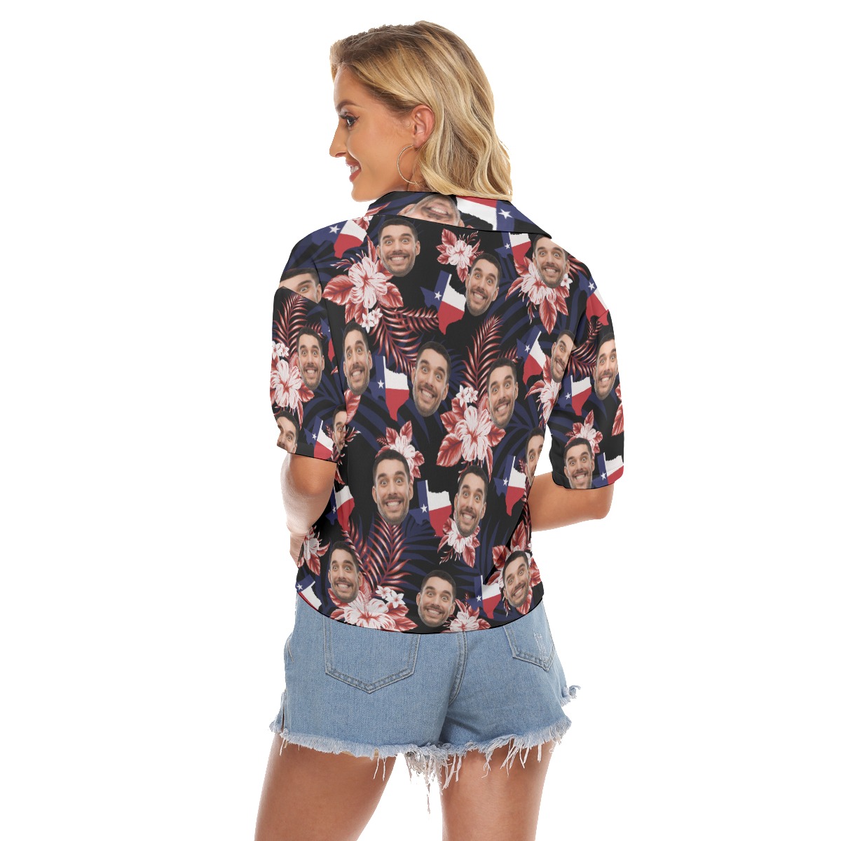 Funny Custom Face Floral Texas Hawaiian Crop Top Shirt For Women