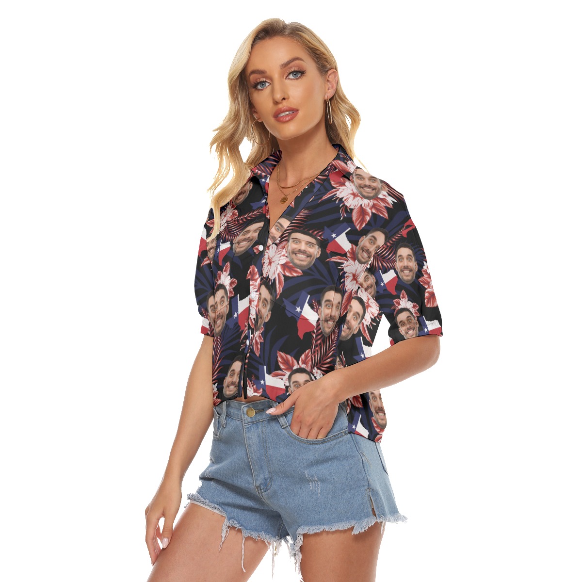 Funny Custom Face Floral Texas Hawaiian Crop Top Shirt For Women