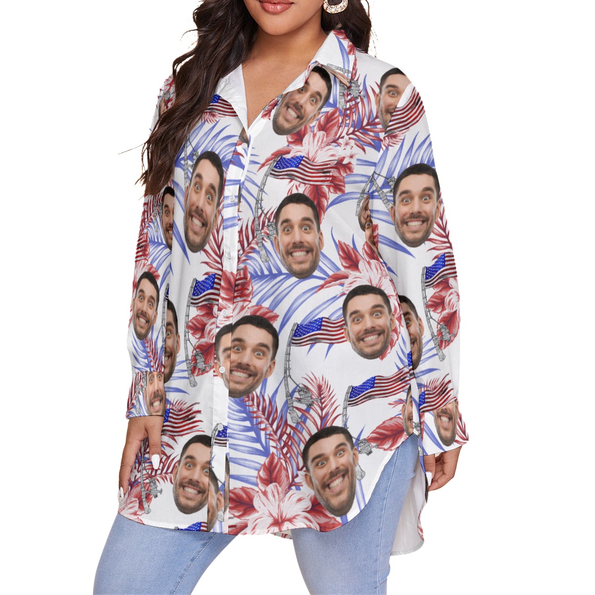 Custom Face American Flag Floral Hawaiian Plus Size Shirt For Women