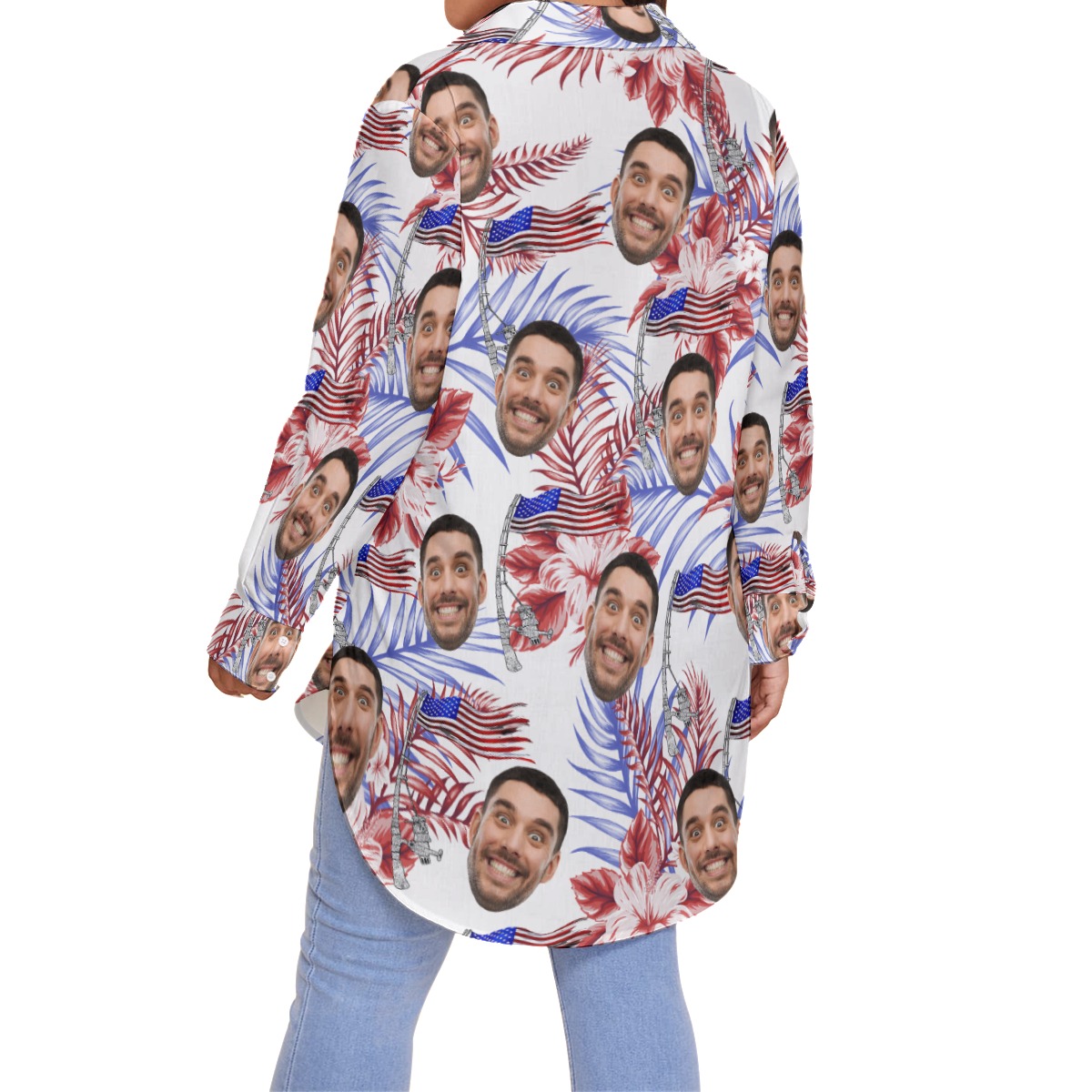 Custom Face American Flag Floral Hawaiian Plus Size Shirt For Women