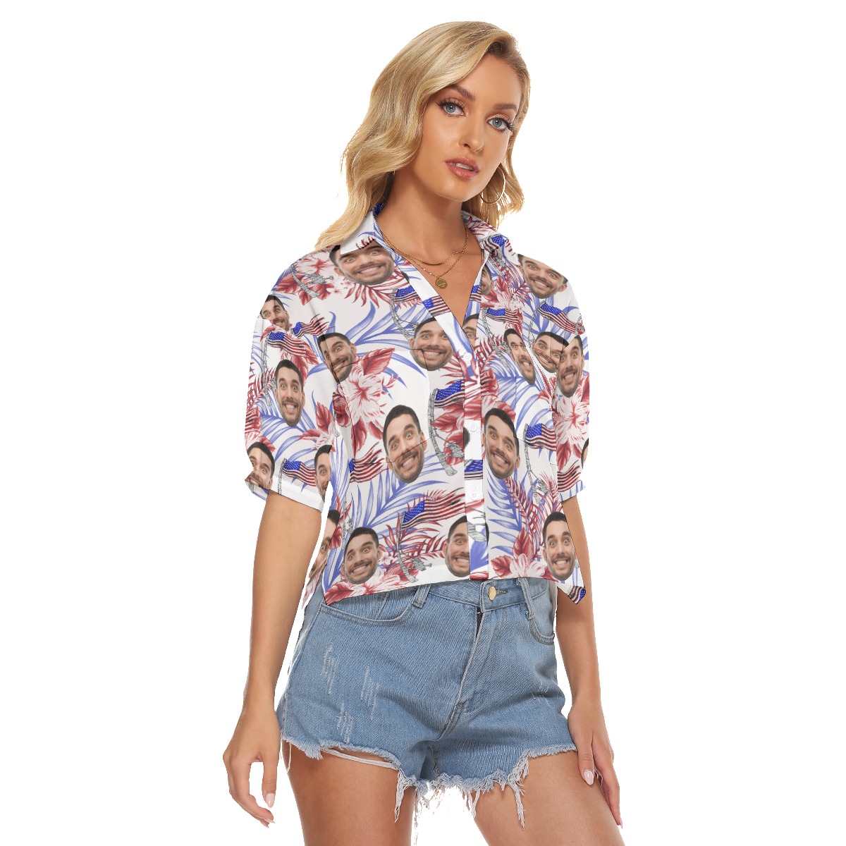 Funny Custom Face 4th Of July Hawaiian Crop Top Shirt For Women