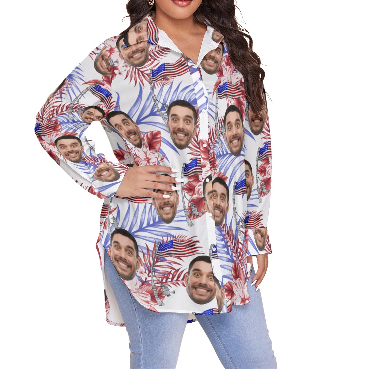 Custom Face American Flag Floral Hawaiian Plus Size Shirt For Women
