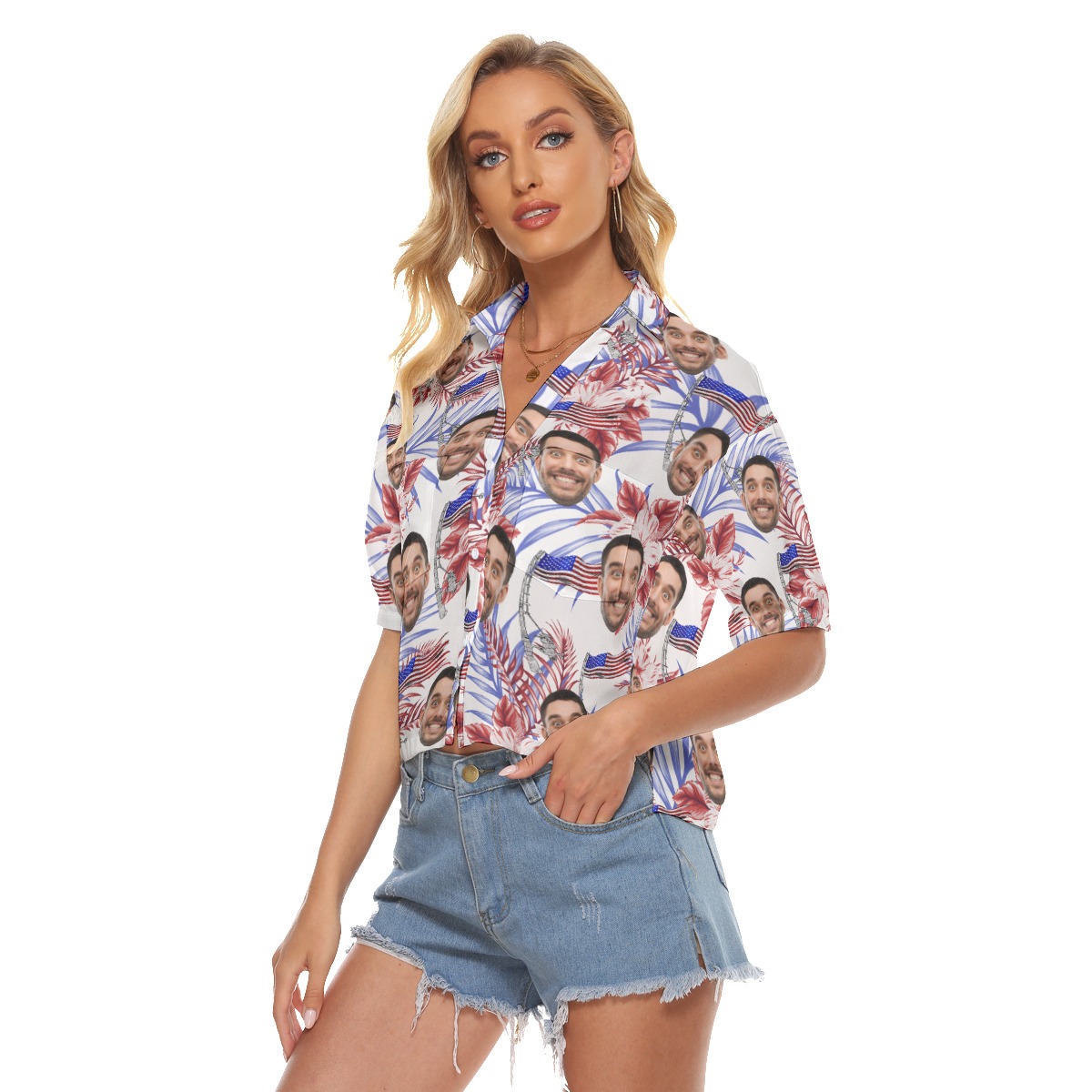 Funny Custom Face 4th Of July Hawaiian Crop Top Shirt For Women