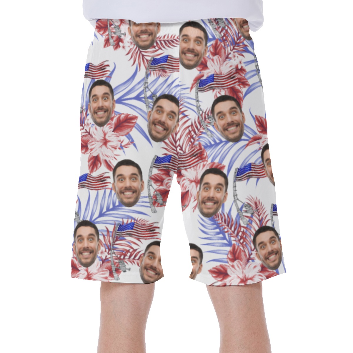 Custom American Flag Hawaiian Swim Trunks With Face