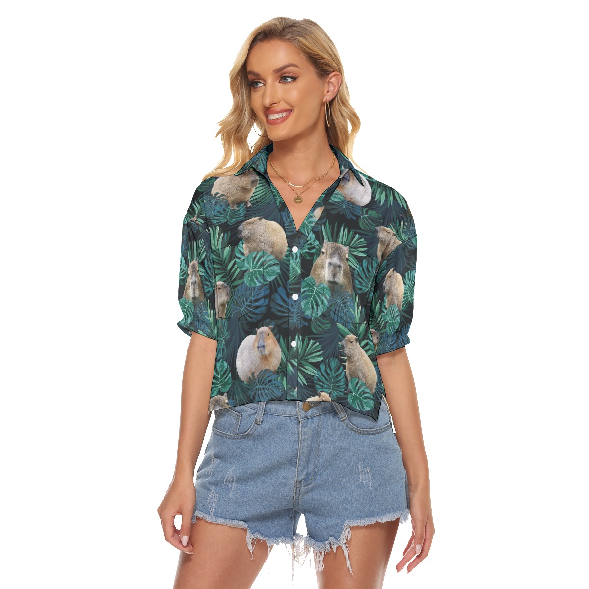 Funny Capybara Cropped Hawaiian Shirt For Women - variant image 1