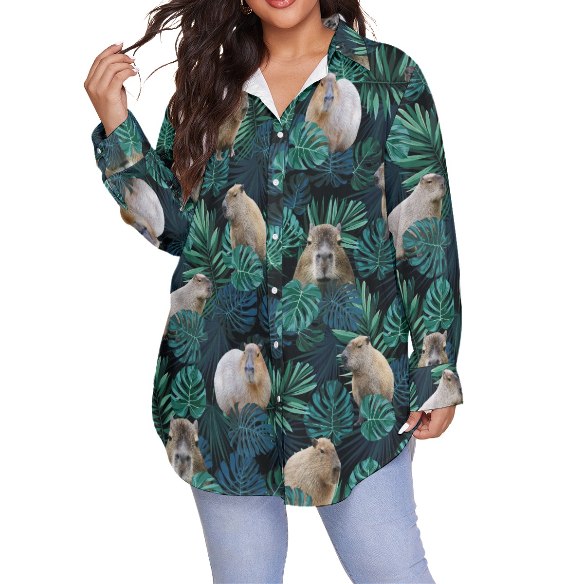 Tropical Capybara Plus Size Hawaiian Shirt For Women - variant image 1