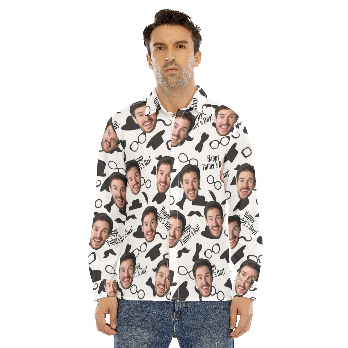 Custom Face Happy Father's Day Hawaiian Long Sleeve Shirt - variant image 1