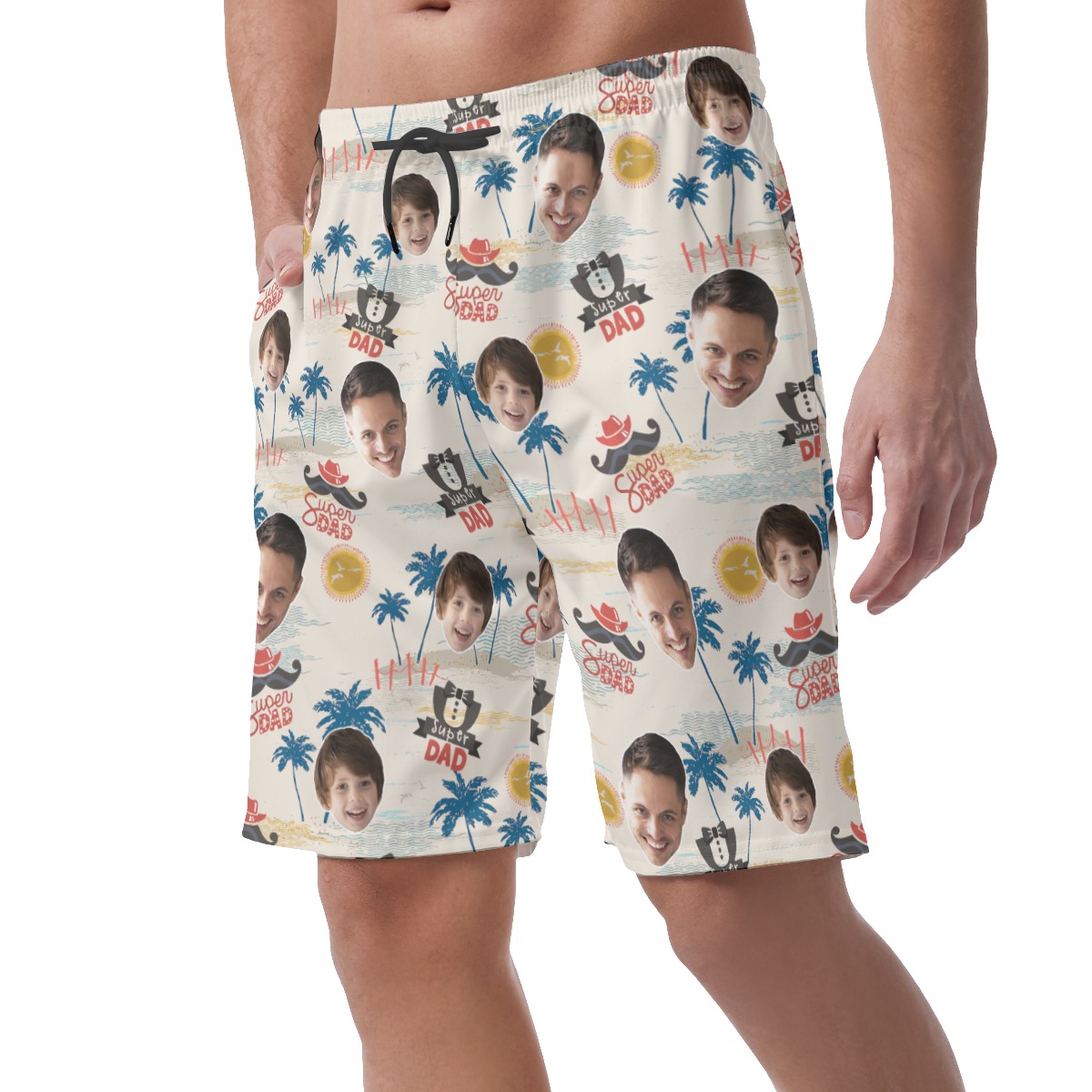 Unique Custom Face Father And Kid Hawaiian Summer Beach Shorts For Men