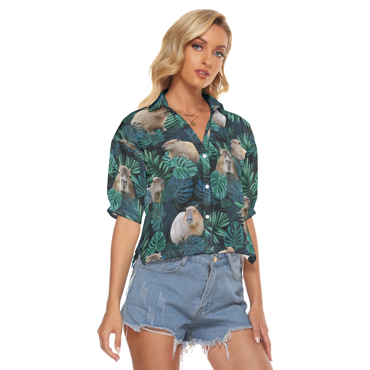 Funny Capybara Cropped Hawaiian Shirt For Women