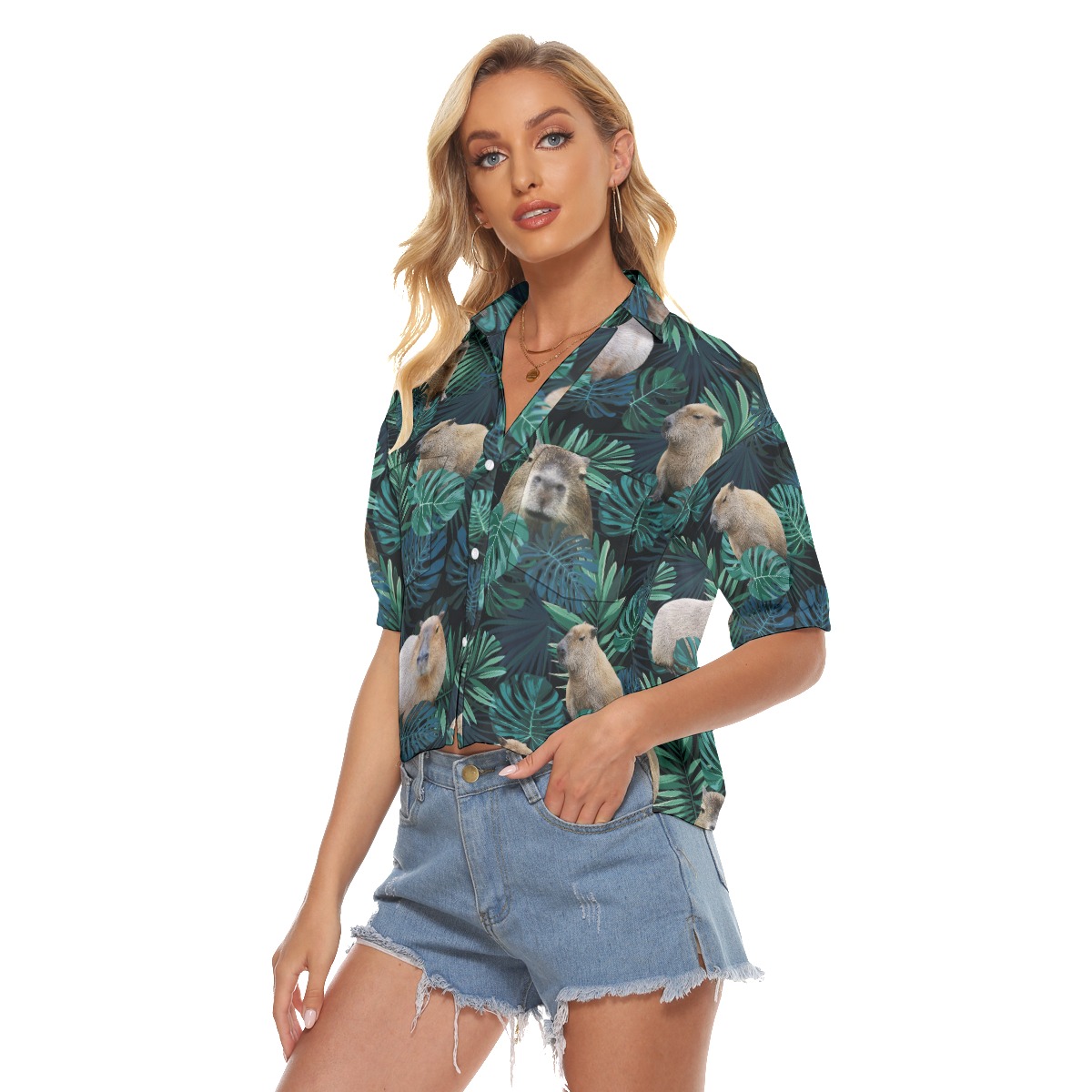 Funny Capybara Cropped Hawaiian Shirt For Women