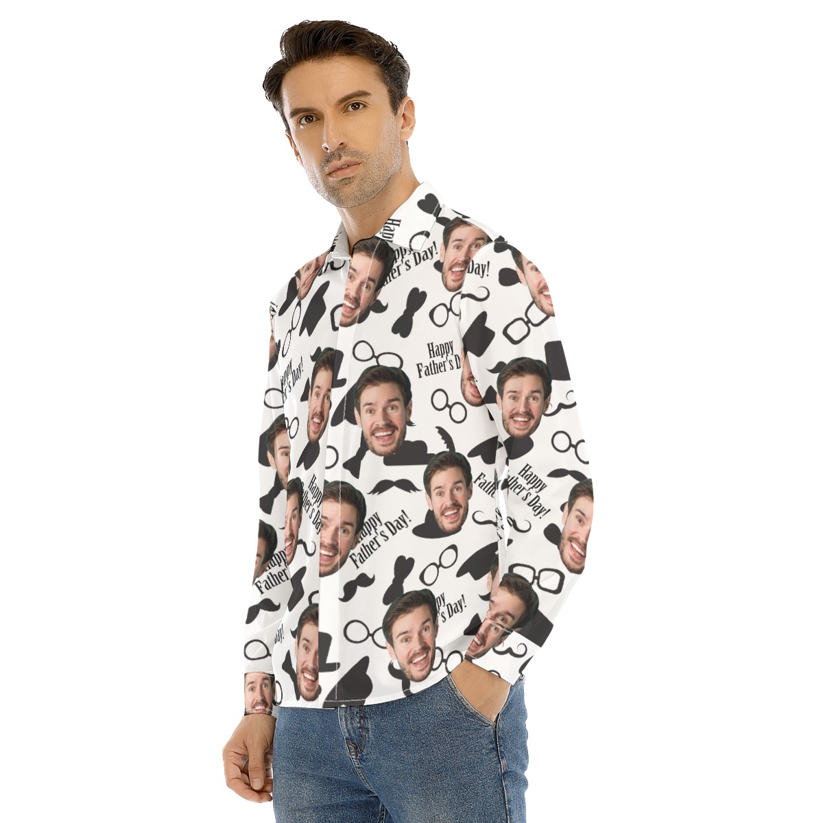 Custom Face Happy Father's Day Hawaiian Long Sleeve Shirt