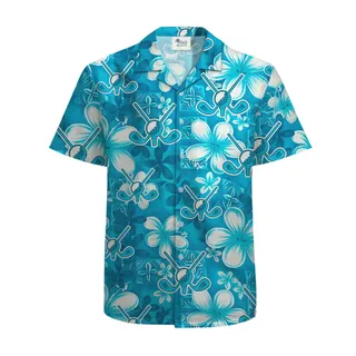Floral Cotton Hawaiian Golf Shirt Blue Print For Men