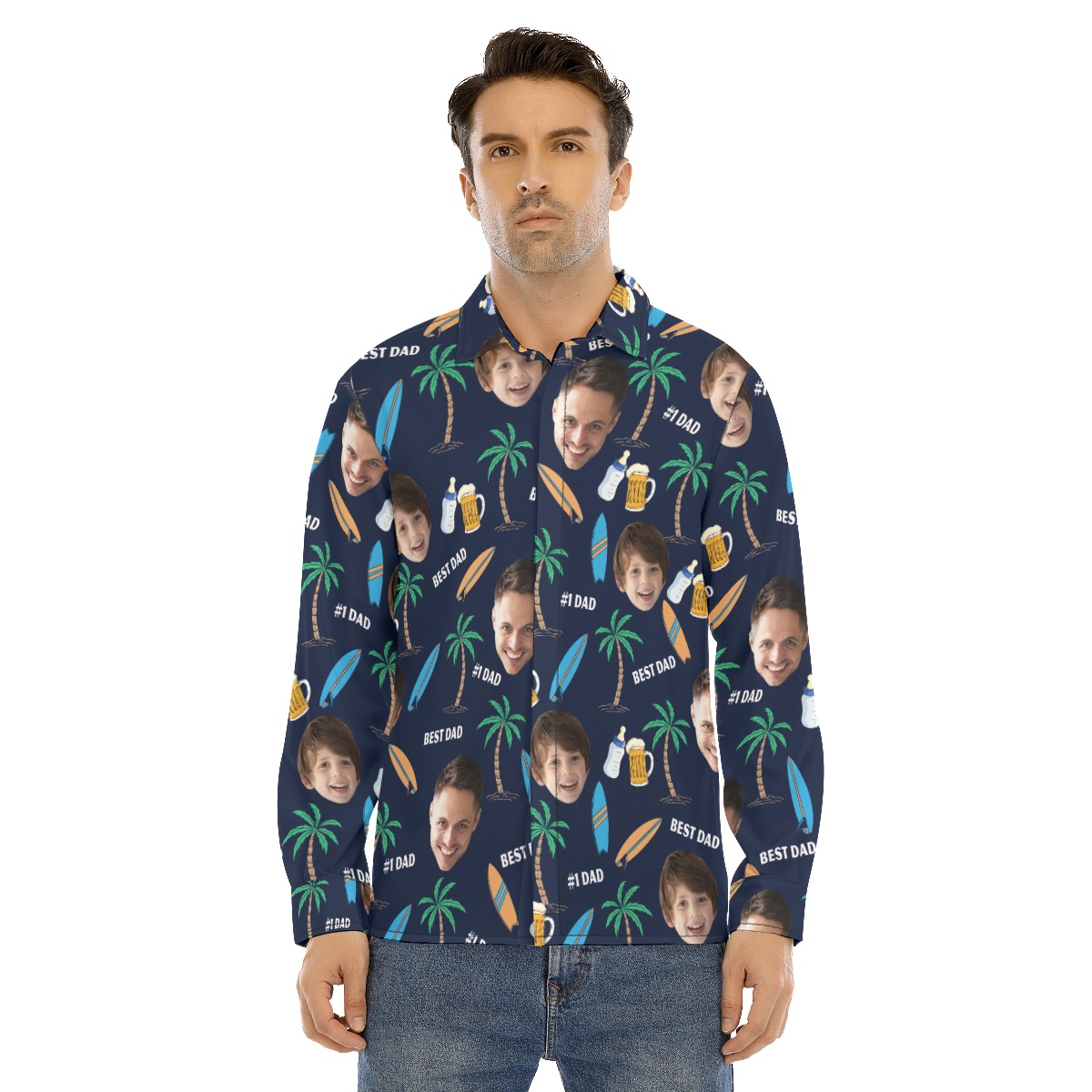 Custom Face Best Dad Hawaiian Long Sleeve Shirt - variant image 1