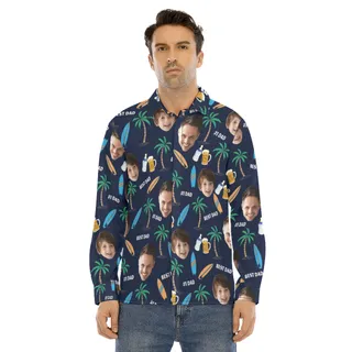 Custom Face Best Dad Hawaiian Long Sleeve Shirt