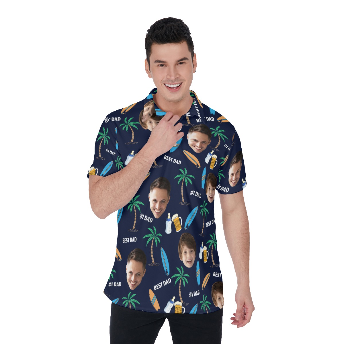 Funny Custom Face Father And Kid Hawaiian Polo Shirt - variant image 1