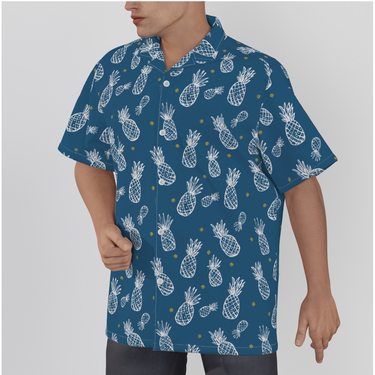 Navy Pineapple Cotton Hawaiian Shirts For Summer