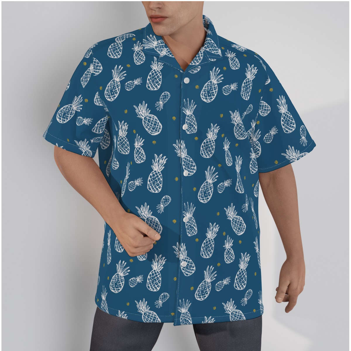 Navy Pineapple Cotton Hawaiian Shirts For Summer