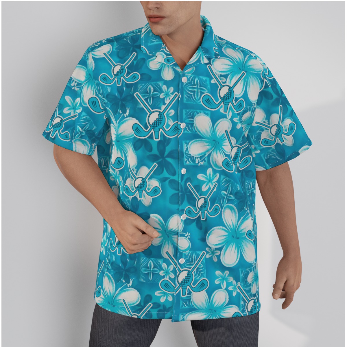 Floral Cotton Hawaiian Golf Shirt Blue Print For Men