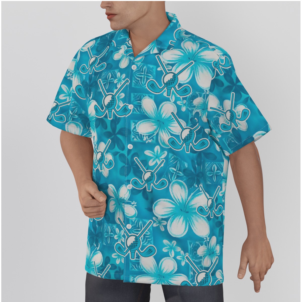 Floral Cotton Hawaiian Golf Shirt Blue Print For Men