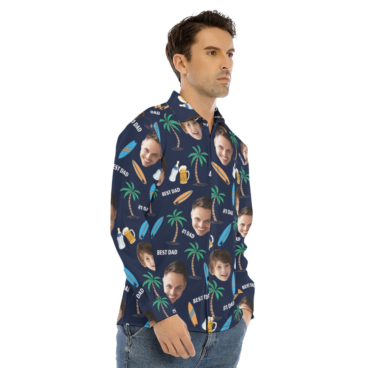 Custom Face Best Dad Hawaiian Long Sleeve Shirt