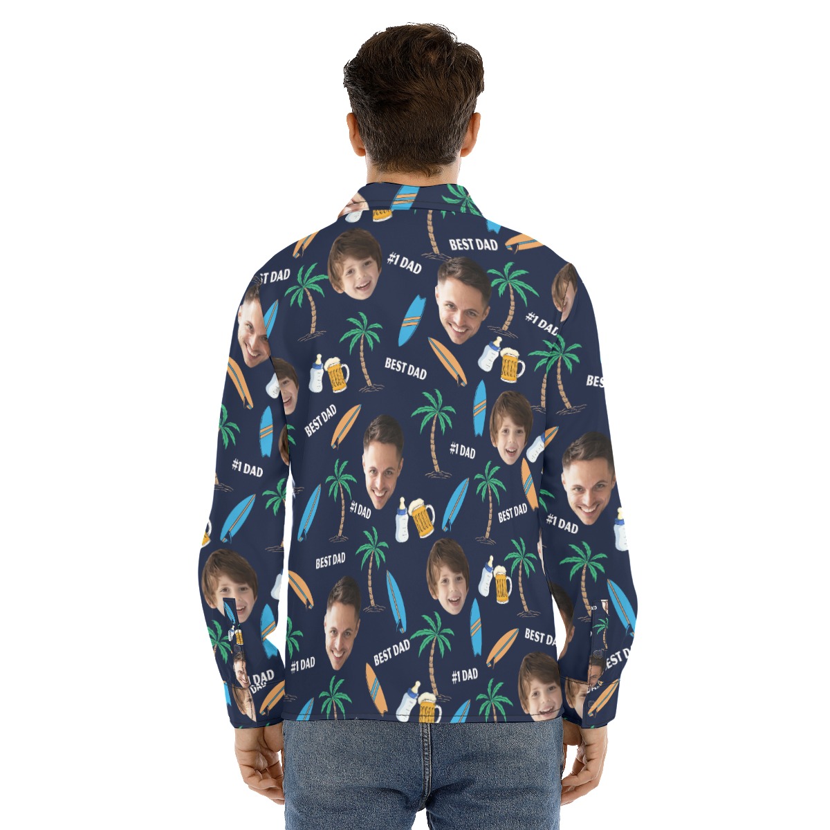 Custom Face Best Dad Hawaiian Long Sleeve Shirt