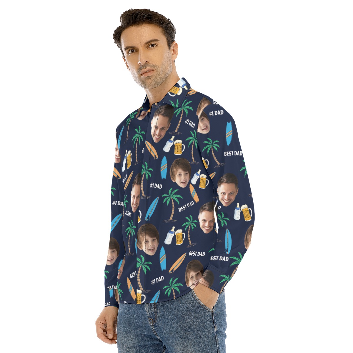 Custom Face Best Dad Hawaiian Long Sleeve Shirt
