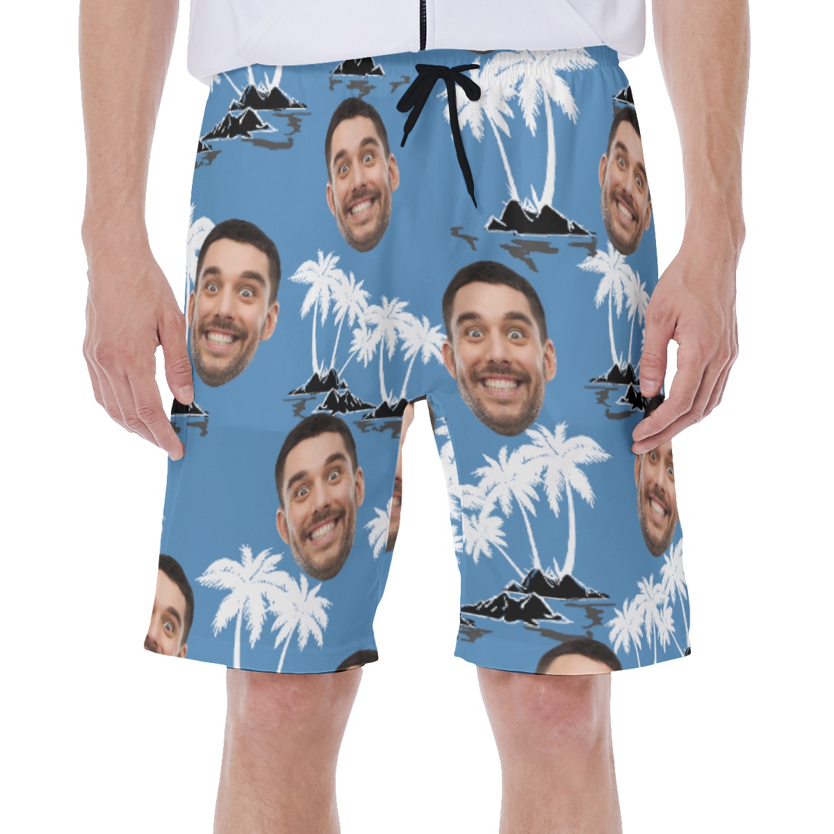 Custom Palm Tree Blue Hawaiian Swim Trunks With Face - variant image 1