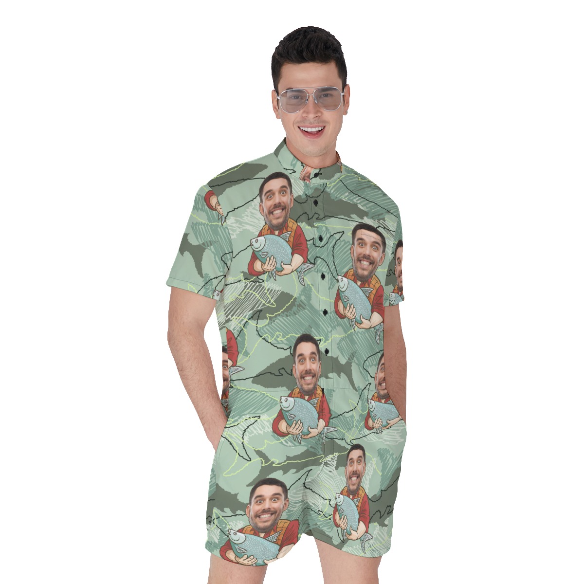 Funny Custom Face Fishing Men Hawaiian Romper - variant image 1