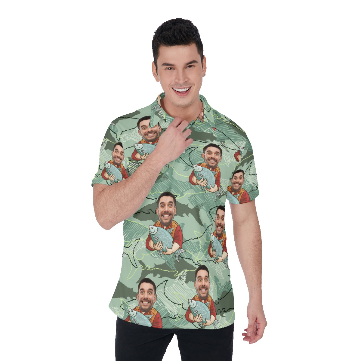 Funny Custom Face Fishing Man Hawaiian Polo Shirt - variant image 1