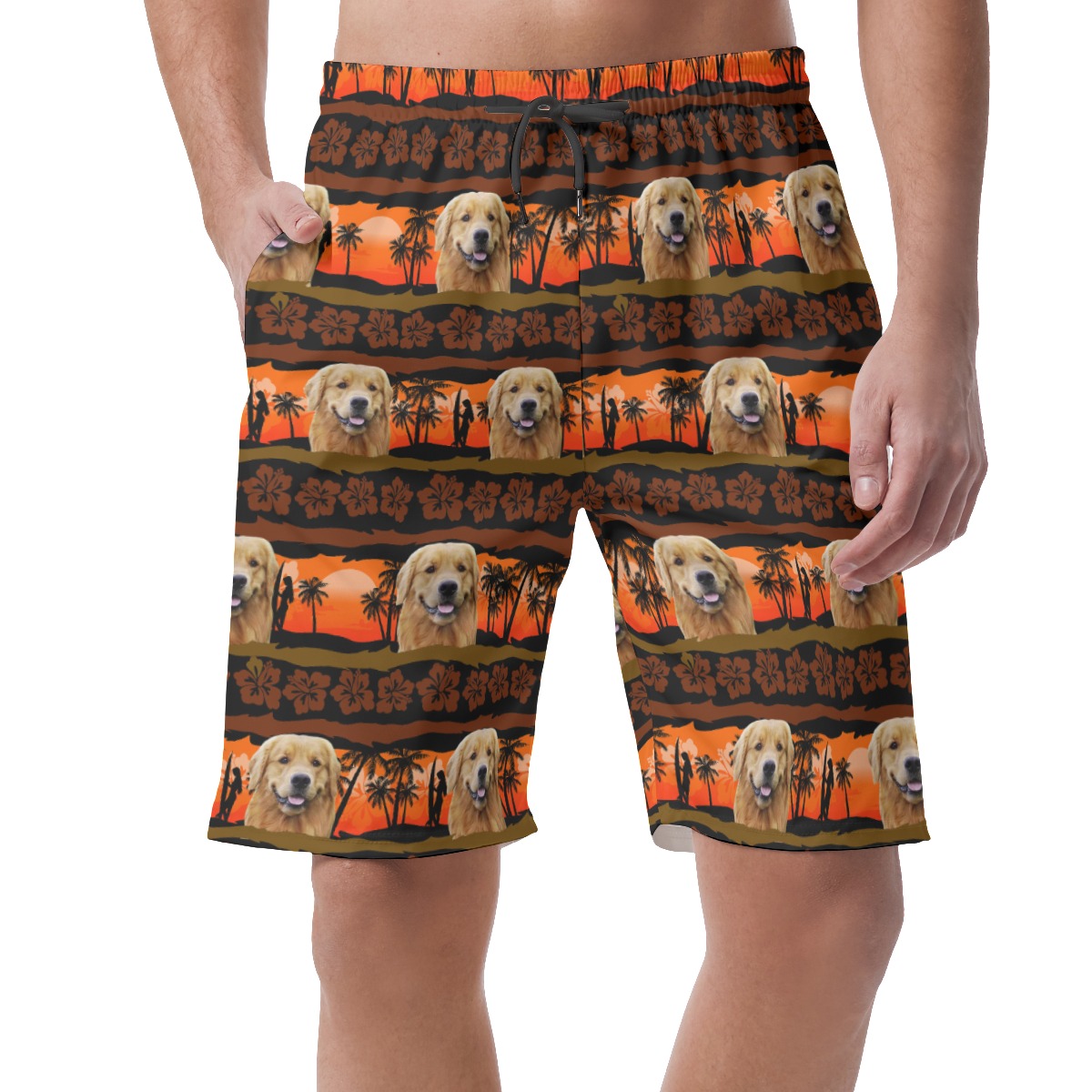 Custom Dog Face Orange Hawaiian Beach Shorts For Men - variant image 1
