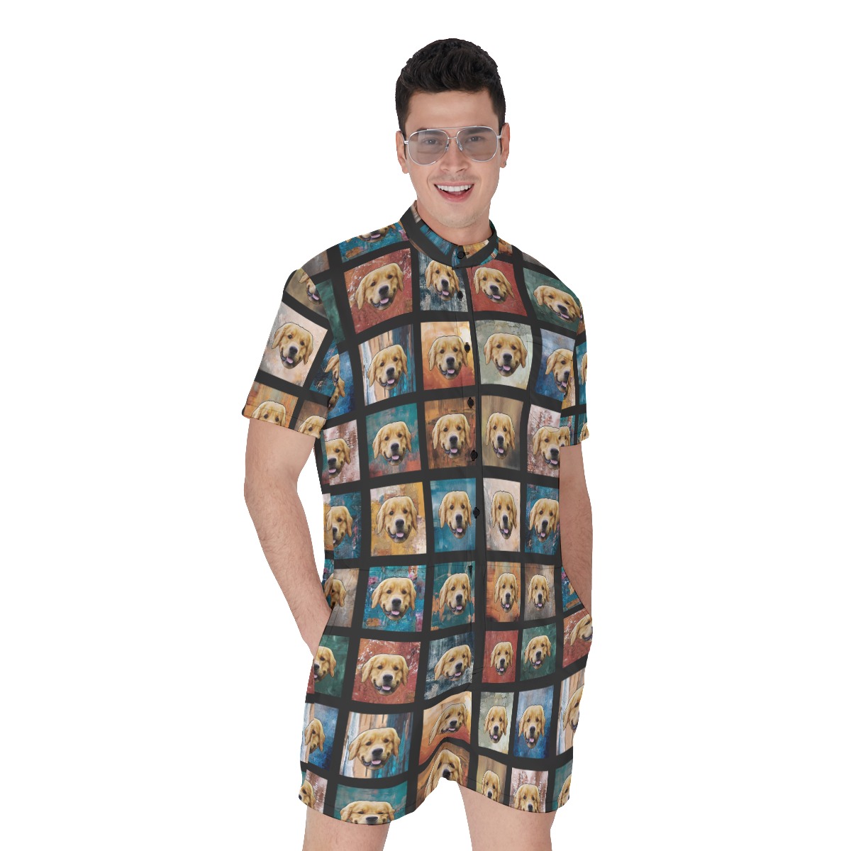 Funny Custom Dog Face Vintage Hawaiian Romper For Men - variant image 1