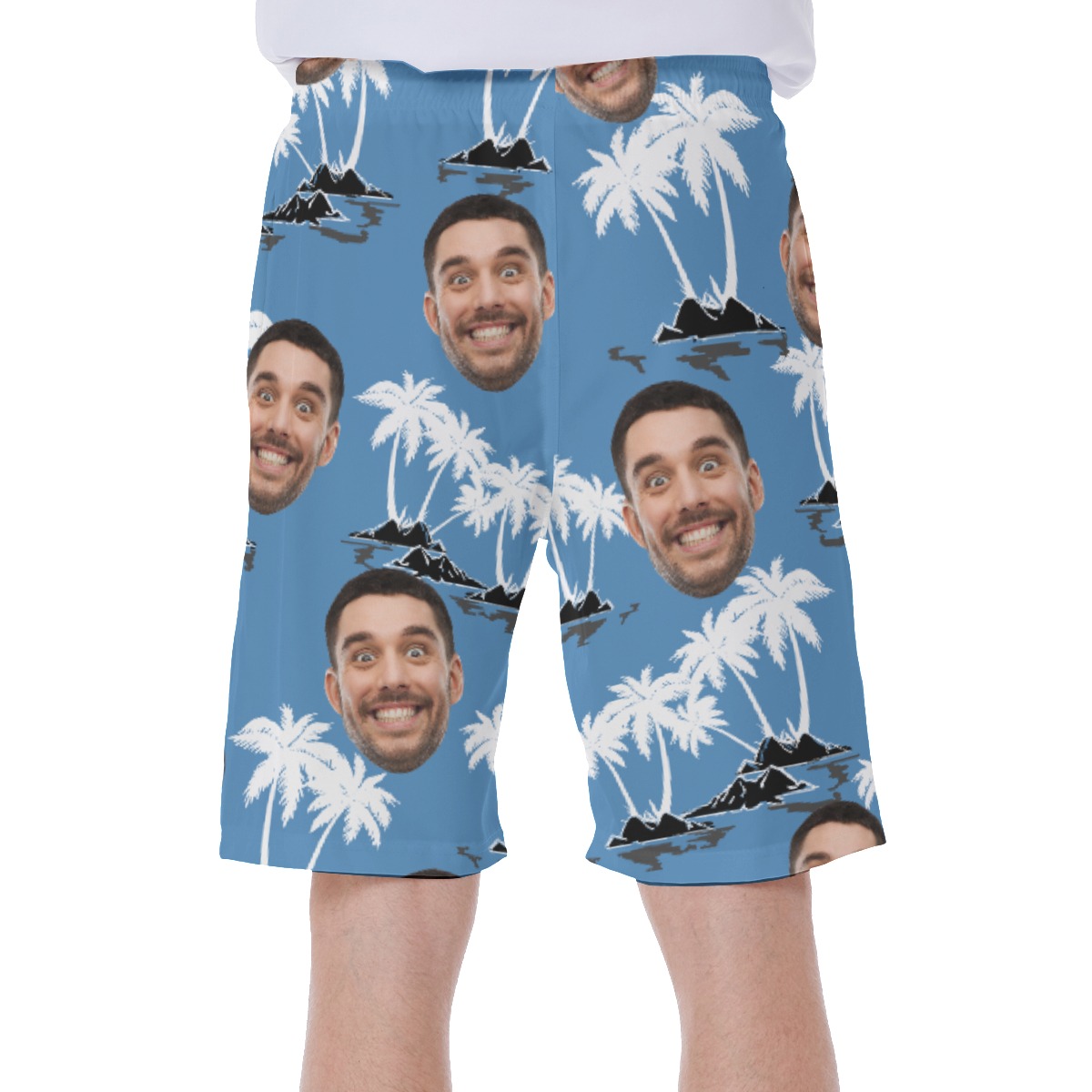 Custom Palm Tree Blue Hawaiian Swim Trunks With Face