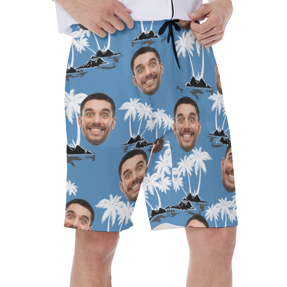 Custom Palm Tree Blue Hawaiian Swim Trunks With Face