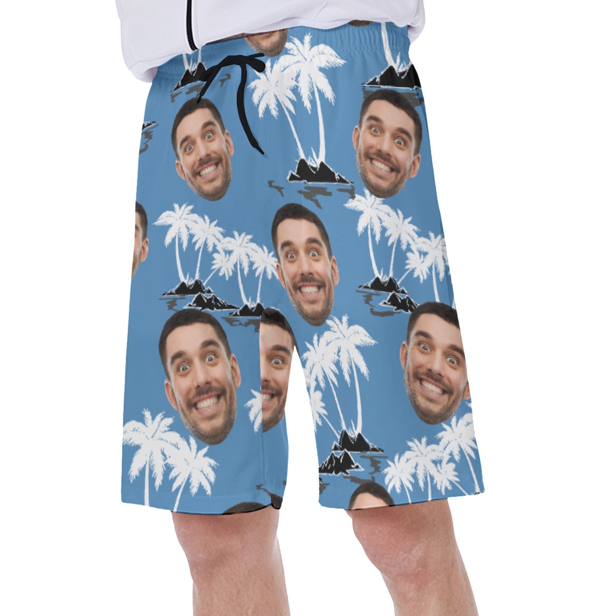 Custom Palm Tree Blue Hawaiian Swim Trunks With Face