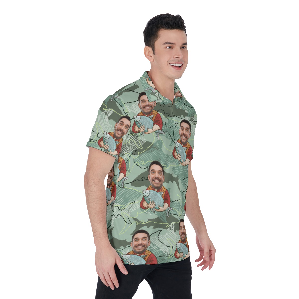 Funny Custom Face Fishing Man Hawaiian Polo Shirt