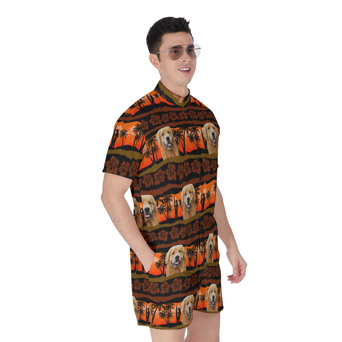 Custom Vintage Orange Hawaiian Romper With Dog Face