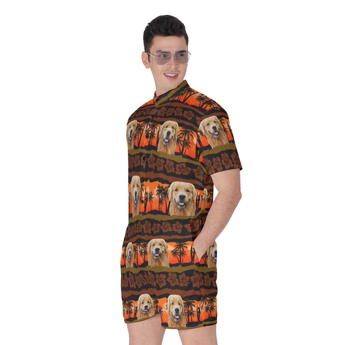 Custom Vintage Orange Hawaiian Romper With Dog Face