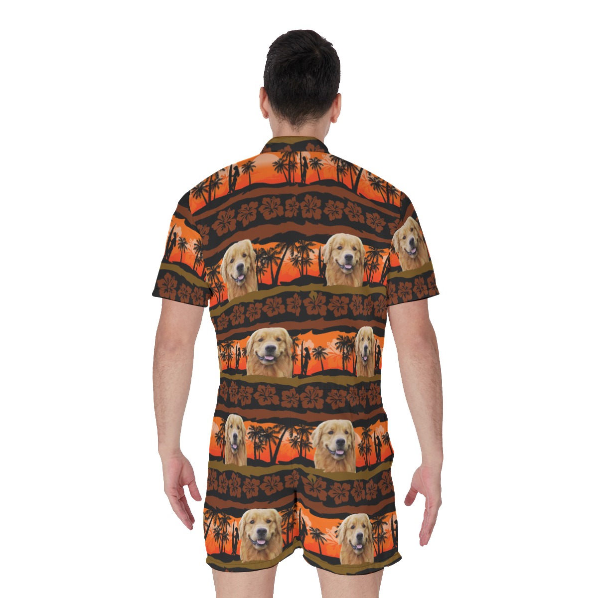 Custom Vintage Orange Hawaiian Romper With Dog Face