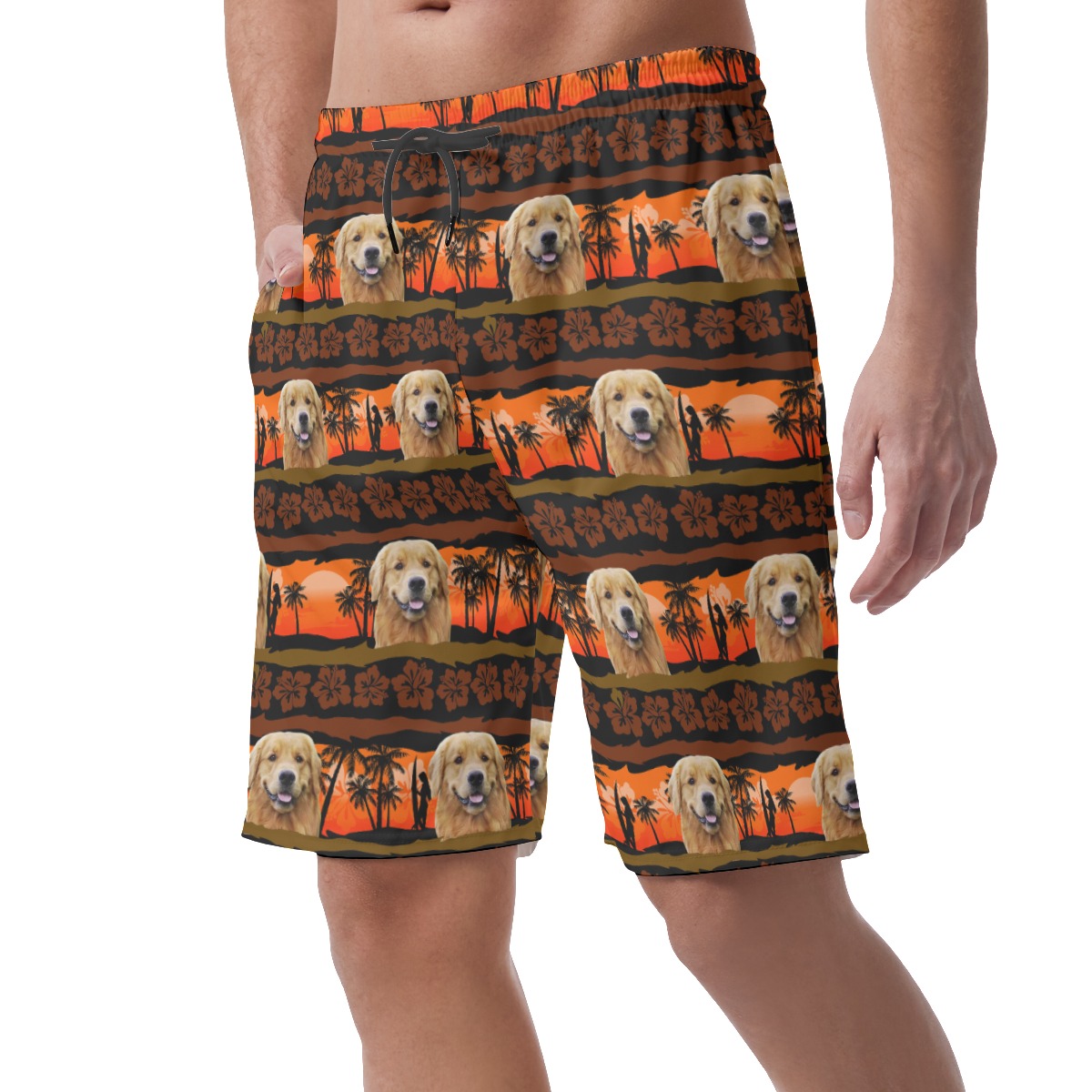 Custom Dog Face Orange Hawaiian Beach Shorts For Men