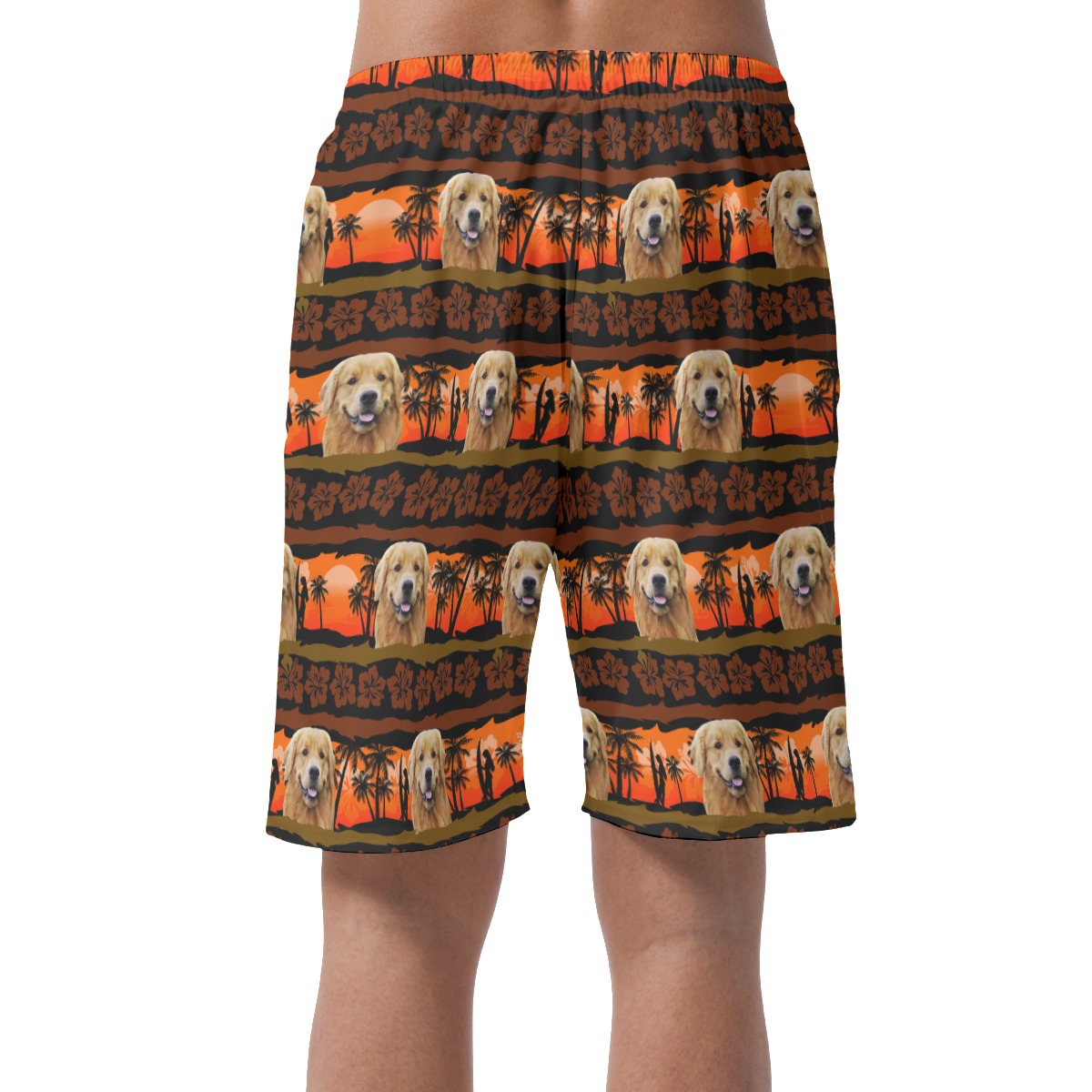 Custom Dog Face Orange Hawaiian Beach Shorts For Men