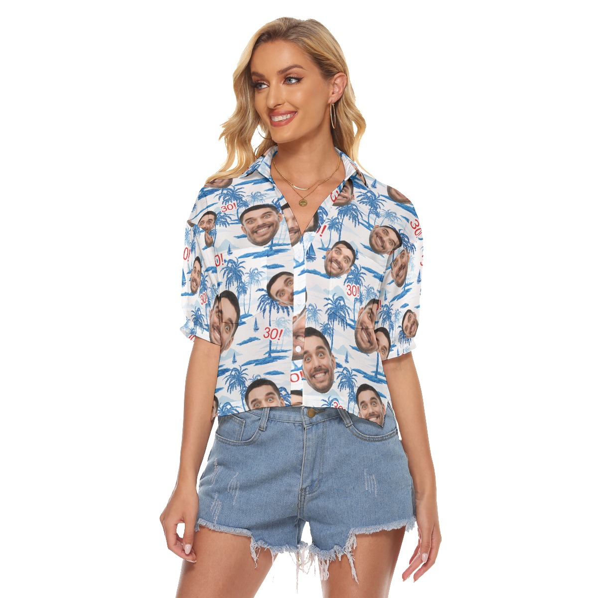 Funny Custom Face Birthday Hawaiian Cropped Shirt For Women - variant image 1