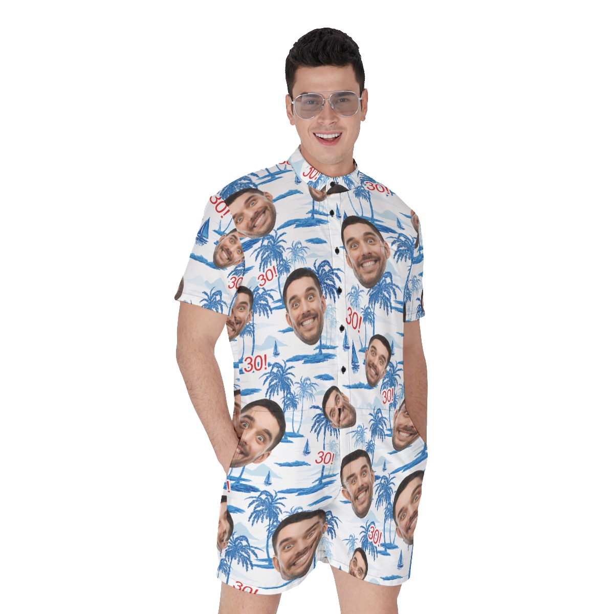 Funny Custom Face Birthday Blue Hawaiian Romper - variant image 1