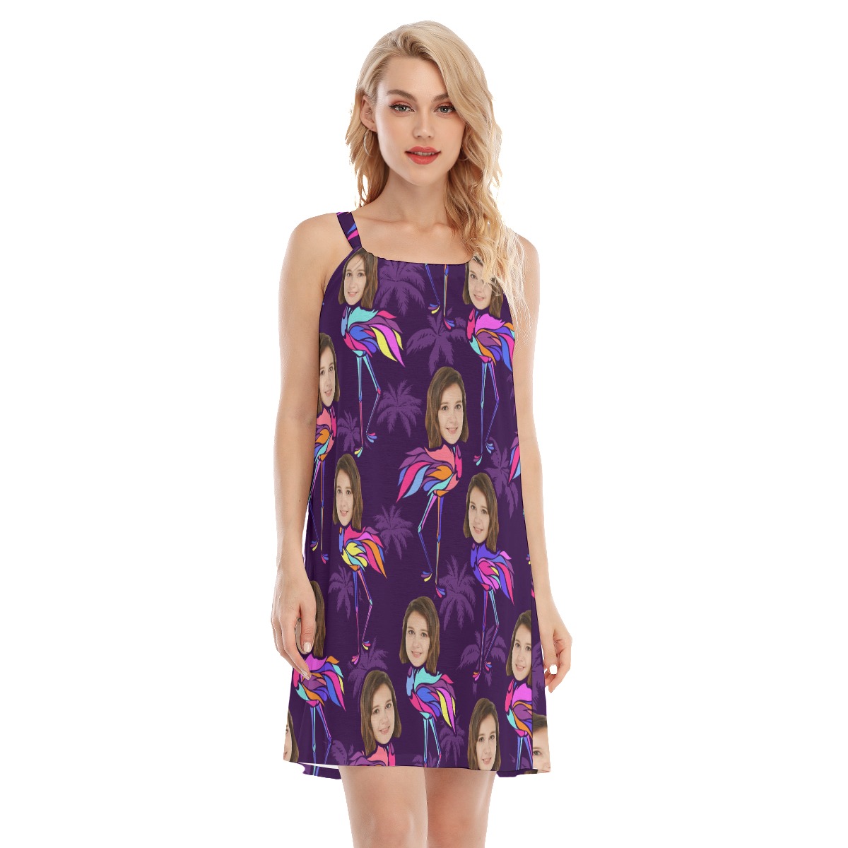 Flamingo Custom Face Violet Hawaiian Cami Dress - variant image 1
