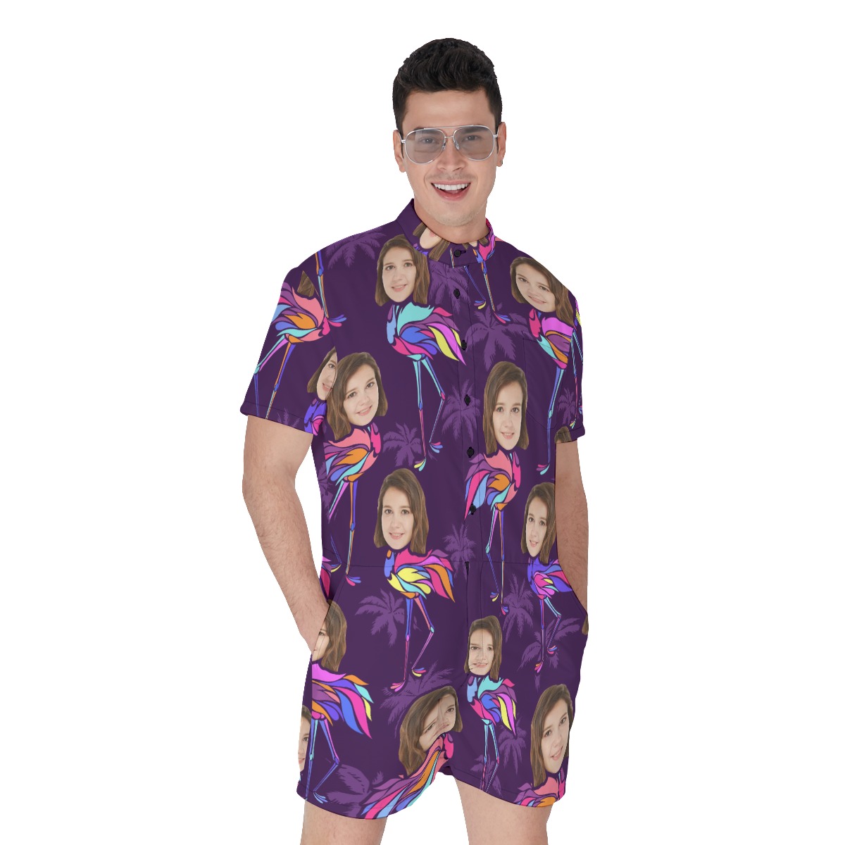 Funny Custom Face With Flamingo Men's Hawaiian Romper - variant image 1