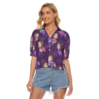 Funny Custom Face Flamingo Women's Hawaiian Crop Top Shirt