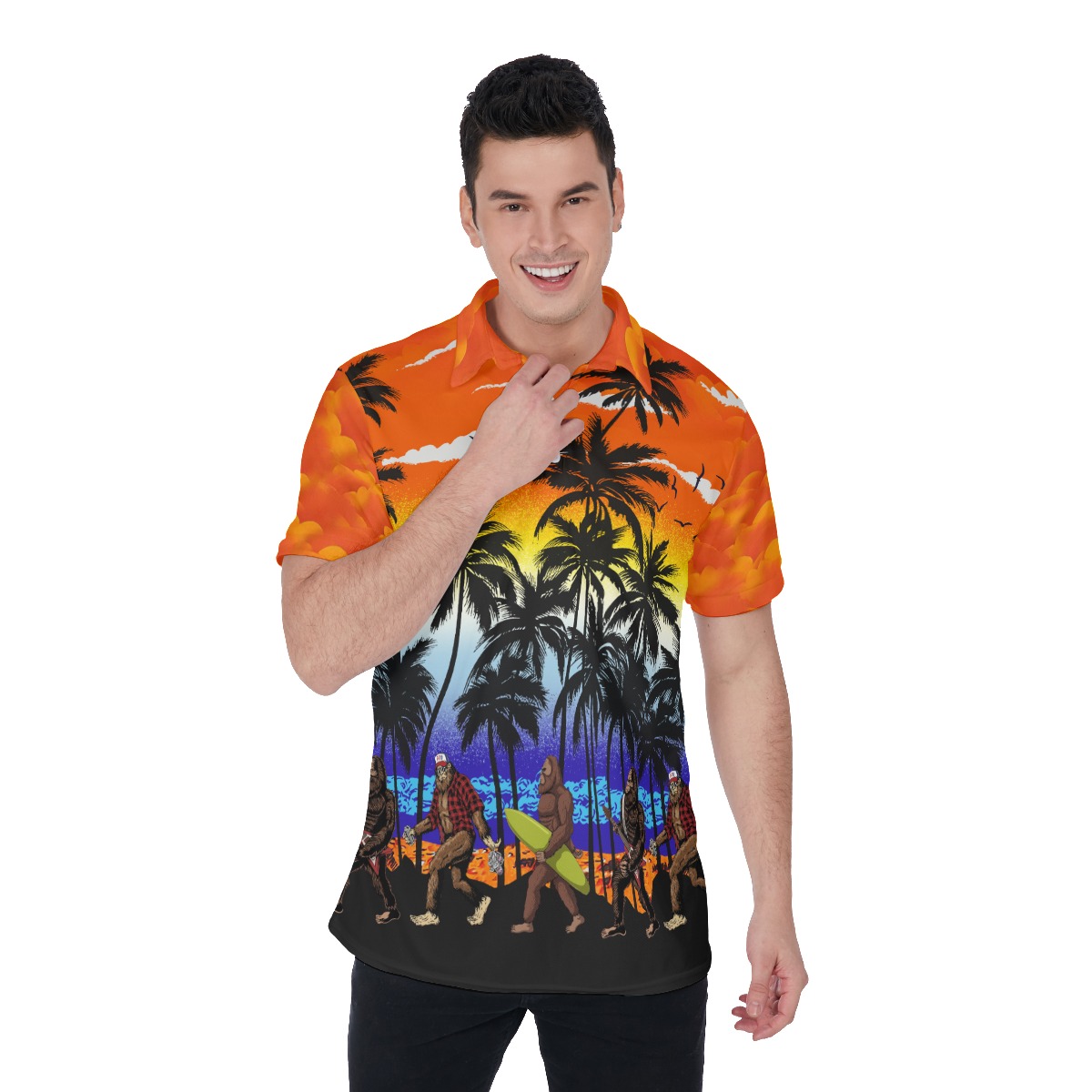 Funny Bigfoot On Beach Hawaiian Polo Shirt For Men - variant image 1